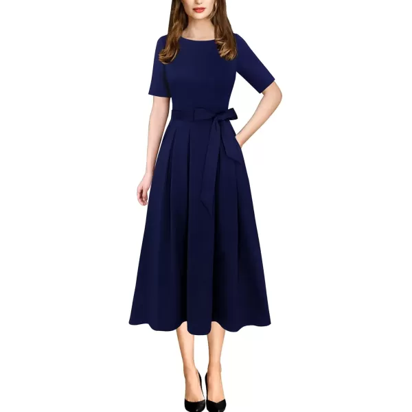 VFSHOW Womens Elegant Patchwork Pockets Pleated Work Office Business Casual Party Belted ALine Midi DressNavy Blue