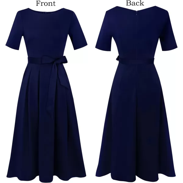 VFSHOW Womens Elegant Patchwork Pockets Pleated Work Office Business Casual Party Belted ALine Midi DressNavy Blue