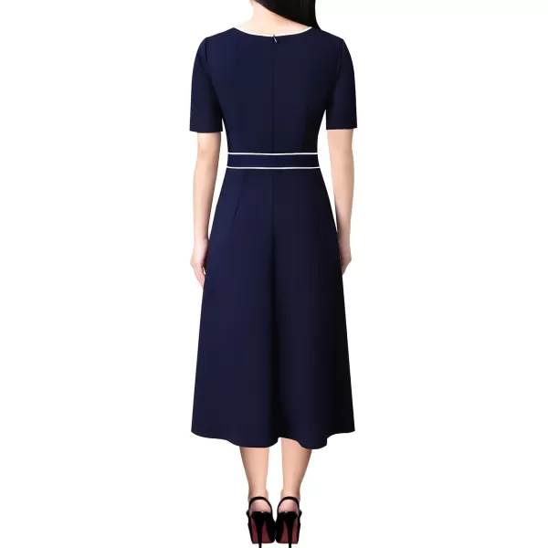 VFSHOW Womens Elegant Patchwork Pockets Pleated Work Office Business Casual Party Belted ALine Midi DressNavy Blue With White Piping