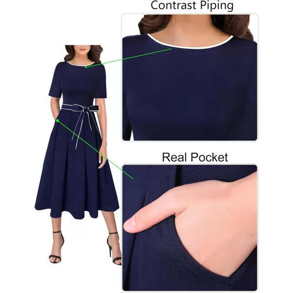 VFSHOW Womens Elegant Patchwork Pockets Pleated Work Office Business Casual Party Belted ALine Midi DressNavy Blue With White Piping