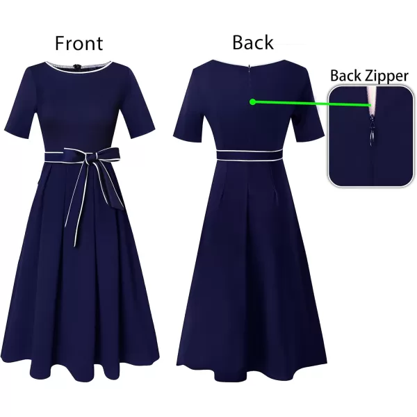 VFSHOW Womens Elegant Patchwork Pockets Pleated Work Office Business Casual Party Belted ALine Midi DressNavy Blue With White Piping