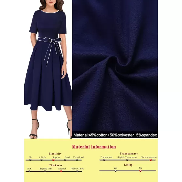 VFSHOW Womens Elegant Patchwork Pockets Pleated Work Office Business Casual Party Belted ALine Midi DressNavy Blue With White Piping