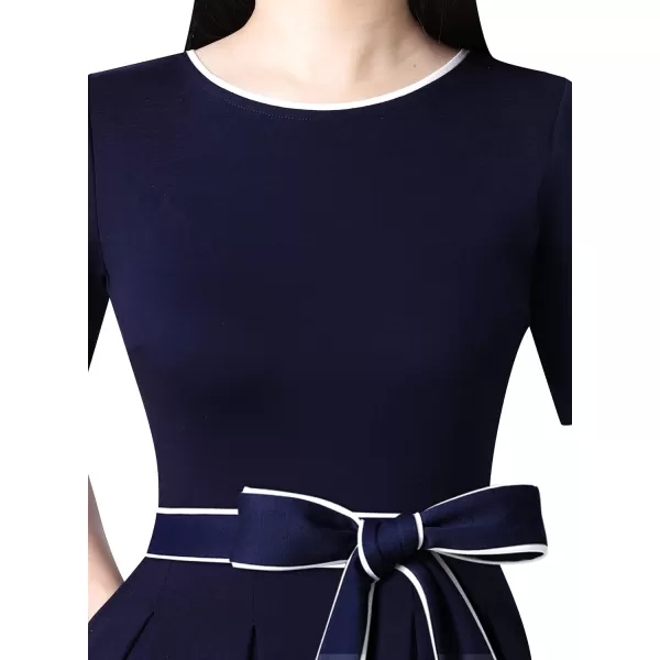 VFSHOW Womens Elegant Patchwork Pockets Pleated Work Office Business Casual Party Belted ALine Midi DressNavy Blue With White Piping