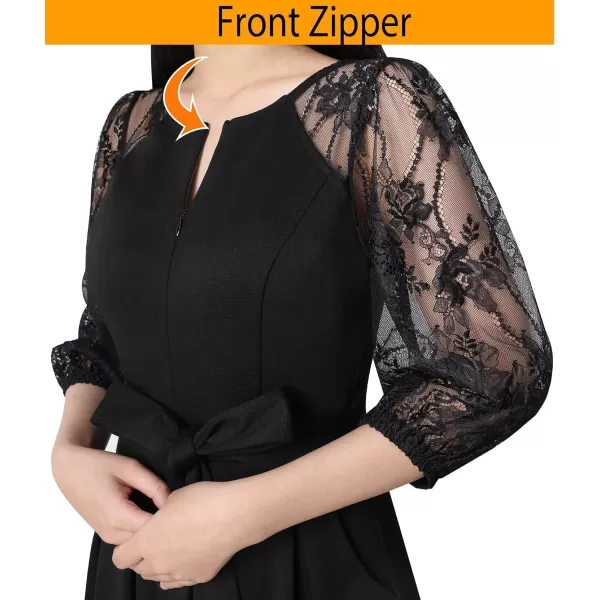 VFSHOW Womens Front Zipper Belted Patchwork Work Business Cocktail Party Casual ALine DressBlack and Black Lace Sleeve