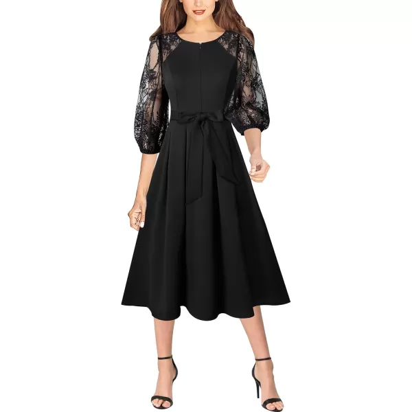 VFSHOW Womens Front Zipper Belted Patchwork Work Business Cocktail Party Casual ALine DressBlack and Black Lace Sleeve