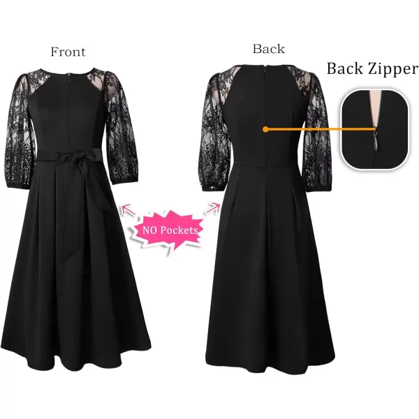 VFSHOW Womens Front Zipper Belted Patchwork Work Business Cocktail Party Casual ALine DressBlack and Black Lace Sleeve