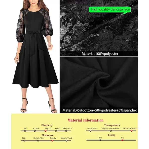 VFSHOW Womens Front Zipper Belted Patchwork Work Business Cocktail Party Casual ALine DressBlack and Black Lace Sleeve