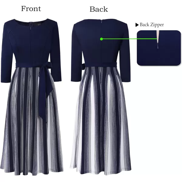 VFSHOW Womens Front Zipper Belted Patchwork Work Business Cocktail Party Casual ALine DressNavy and White Stripes