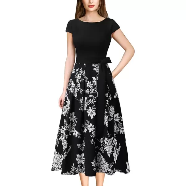 VFSHOW Womens Black and White Floral Print Patchwork Pockets Belted Pleated Work Business Office Casual ALine Midi Dress 7812 BLK M