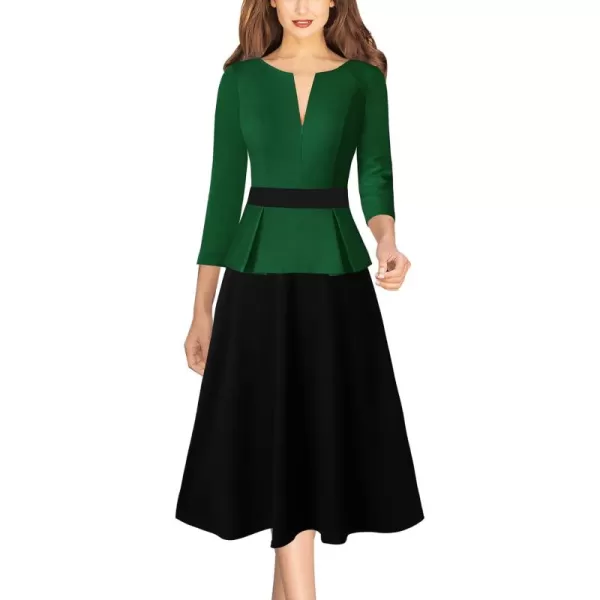 VFSHOW Womens Dark Green Black Peplum Patchwork Slim Front Zipper Work Business Office ALine Midi MidCalf Dress 10096 GRN L