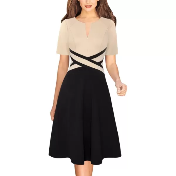 VFSHOW Womens Elegant Front Zipper Crisscross Waist Slim Wear to Work Business Office ALine DressApricot and Black