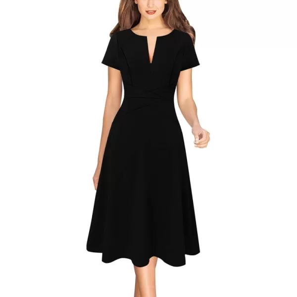 VFSHOW Womens Elegant Front Zipper Crisscross Waist Slim Wear to Work Business Office ALine DressBlack Short Sleeve