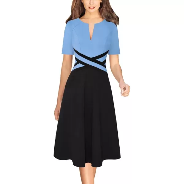 VFSHOW Womens Elegant Front Zipper Crisscross Waist Slim Wear to Work Business Office ALine DressLight Blue and Black