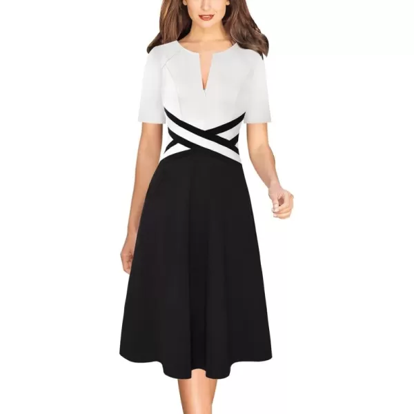 VFSHOW Womens Elegant Front Zipper Crisscross Waist Slim Wear to Work Business Office ALine DressOff White and Black