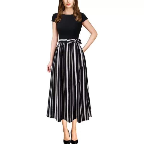 VFSHOW Womens Elegant Patchwork Pockets Belted Pleated Work Office Business Casual Party ALine Midi DressBlack and White Striped