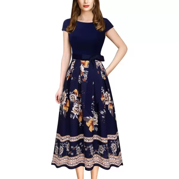 VFSHOW Womens Elegant Patchwork Pockets Belted Pleated Work Office Business Casual Party ALine Midi DressDark Blue and Floral Print Version B