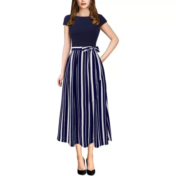 VFSHOW Womens Elegant Patchwork Pockets Belted Pleated Work Office Business Casual Party ALine Midi DressNavy Blue and White Striped