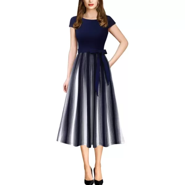 VFSHOW Womens Elegant Patchwork Pockets Belted Pleated Work Office Business Casual Party ALine Midi DressNavy Blue and White Striped Version B