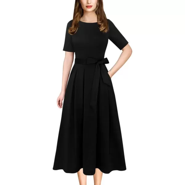 VFSHOW Womens Elegant Patchwork Pockets Pleated Work Office Business Casual Party Belted ALine Midi DressBlack