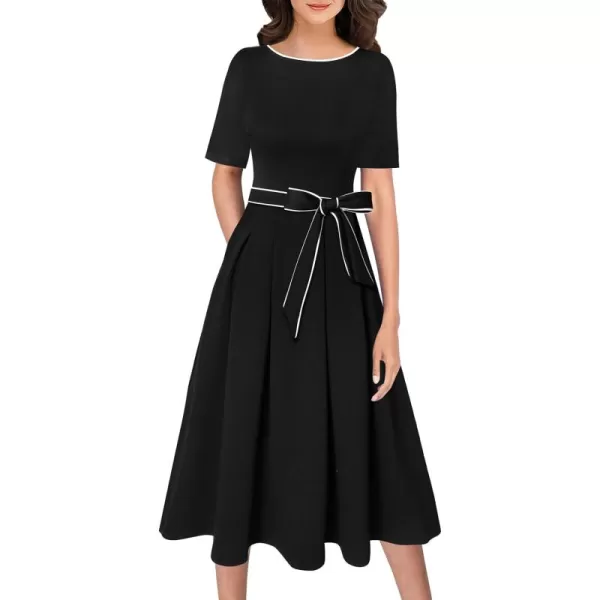 VFSHOW Womens Elegant Patchwork Pockets Pleated Work Office Business Casual Party Belted ALine Midi DressBlack With White Piping