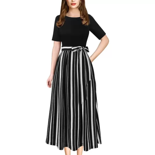 VFSHOW Womens Elegant Patchwork Pockets Pleated Work Office Business Casual Party Belted ALine Midi DressBlack and White Striped Version B