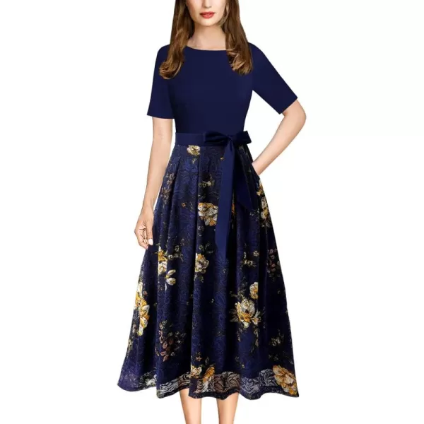 VFSHOW Womens Elegant Patchwork Pockets Pleated Work Office Business Casual Party Belted ALine Midi DressDark Blue Floral Print Lace