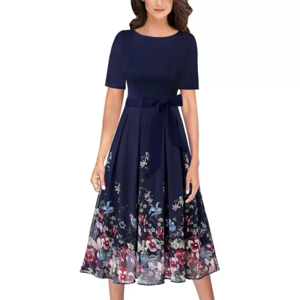 VFSHOW Womens Elegant Patchwork Pockets Pleated Work Office Business Casual Party Belted ALine Midi DressDark Blue and Floral Print