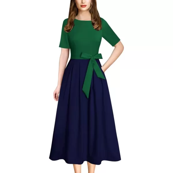 VFSHOW Womens Elegant Patchwork Pockets Pleated Work Office Business Casual Party Belted ALine Midi DressGreen and Navy Blue