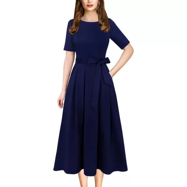 VFSHOW Womens Elegant Patchwork Pockets Pleated Work Office Business Casual Party Belted ALine Midi DressNavy Blue