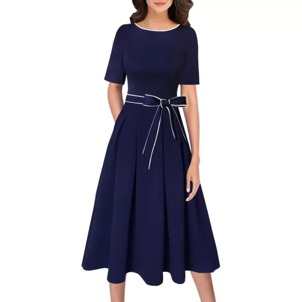 VFSHOW Womens Elegant Patchwork Pockets Pleated Work Office Business Casual Party Belted ALine Midi DressNavy Blue With White Piping