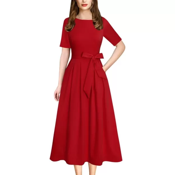 VFSHOW Womens Elegant Patchwork Pockets Pleated Work Office Business Casual Party Belted ALine Midi DressRed