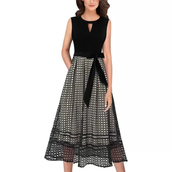 VFSHOW Womens Keyhole Front Patchwork Pockets Pleated Casual Party ALine Midi DressBlack