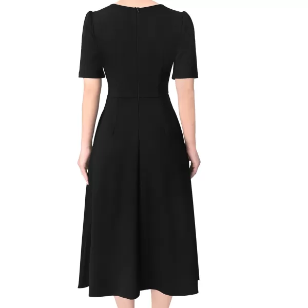 VFSHOW Women Pleated Notch V Neck Pockets Buttons Work Office Business ALine Midi DressBlack