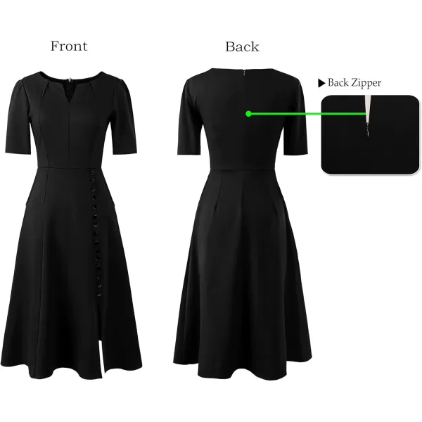 VFSHOW Women Pleated Notch V Neck Pockets Buttons Work Office Business ALine Midi DressBlack