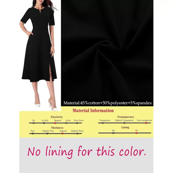 VFSHOW Women Pleated Notch V Neck Pockets Buttons Work Office Business ALine Midi DressBlack