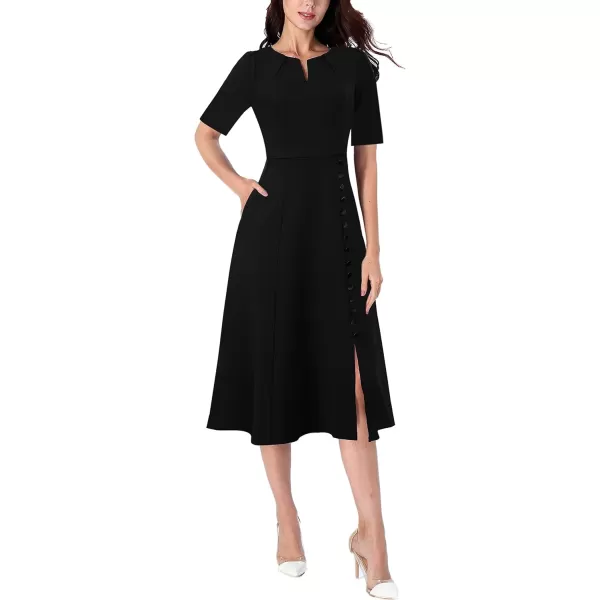 VFSHOW Women Pleated Notch V Neck Pockets Buttons Work Office Business ALine Midi DressBlack