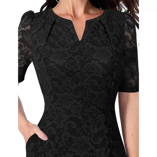 VFSHOW Women Pleated Notch V Neck Pockets Buttons Work Office Business ALine Midi DressBlack Floral Lace