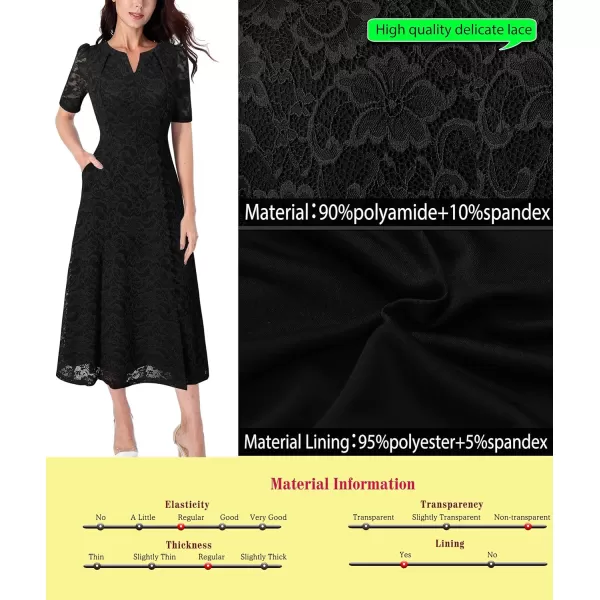 VFSHOW Women Pleated Notch V Neck Pockets Buttons Work Office Business ALine Midi DressBlack Floral Lace