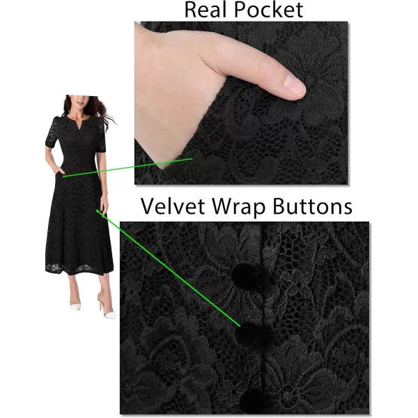 VFSHOW Women Pleated Notch V Neck Pockets Buttons Work Office Business ALine Midi DressBlack Floral Lace