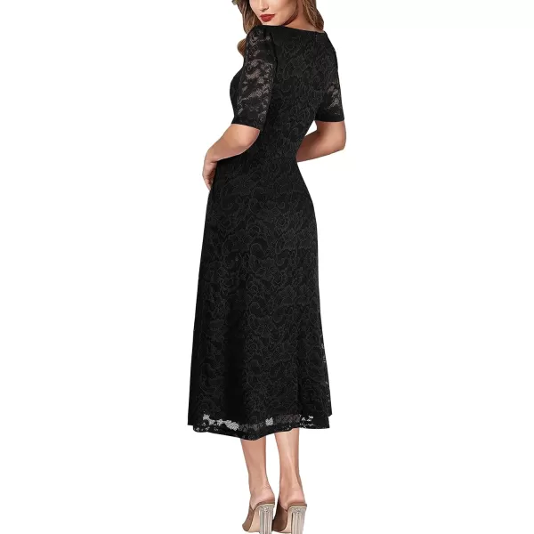 VFSHOW Women Pleated Notch V Neck Pockets Buttons Work Office Business ALine Midi DressBlack Floral Lace