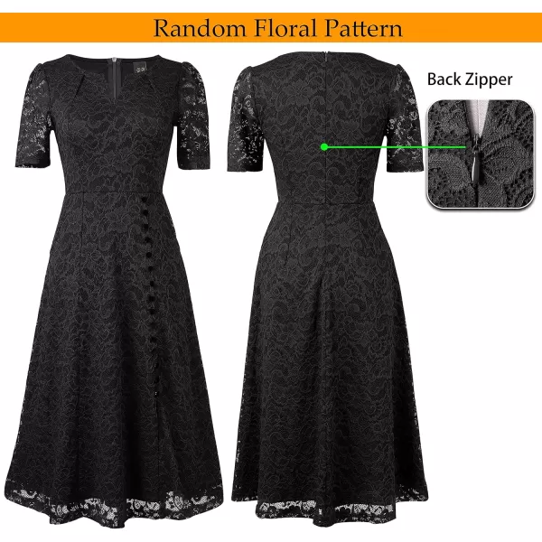 VFSHOW Women Pleated Notch V Neck Pockets Buttons Work Office Business ALine Midi DressBlack Floral Lace