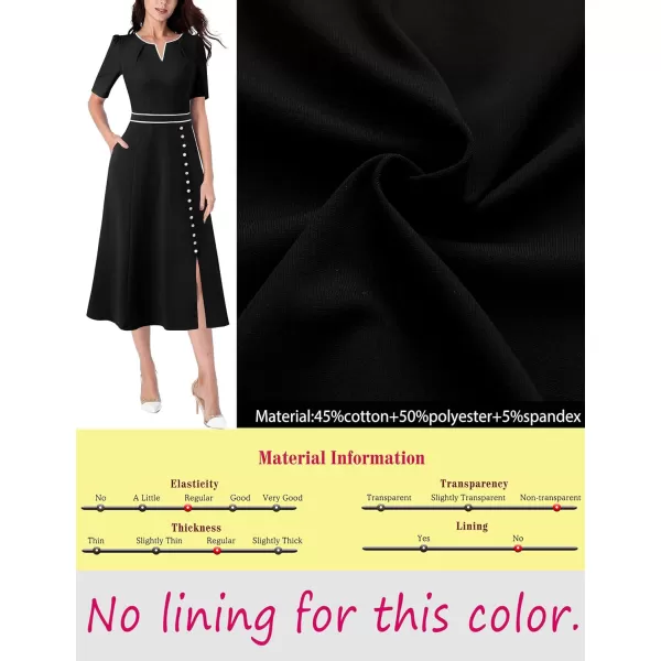 VFSHOW Women Pleated Notch V Neck Pockets Buttons Work Office Business ALine Midi DressBlack and White Trim