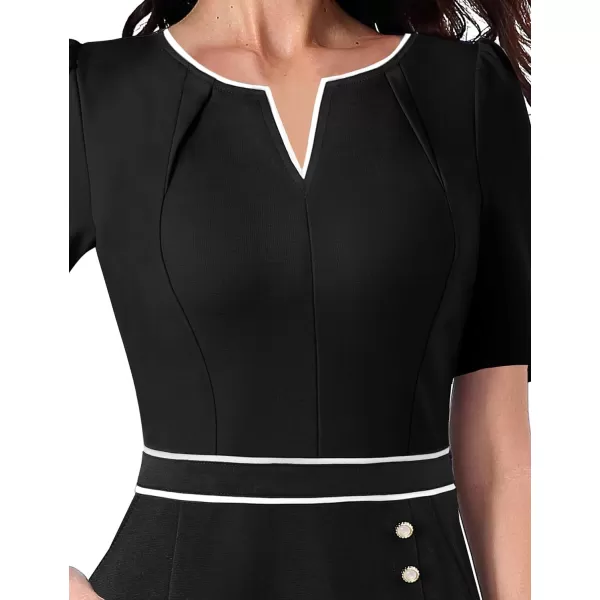 VFSHOW Women Pleated Notch V Neck Pockets Buttons Work Office Business ALine Midi DressBlack and White Trim