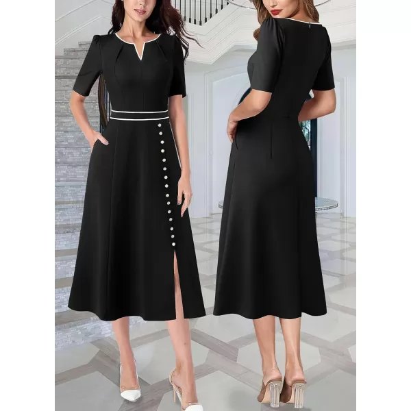 VFSHOW Women Pleated Notch V Neck Pockets Buttons Work Office Business ALine Midi DressBlack and White Trim