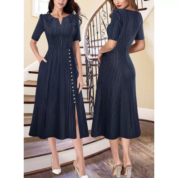 VFSHOW Women Pleated Notch V Neck Pockets Buttons Work Office Business ALine Midi DressBlue Striped Short Sleeve