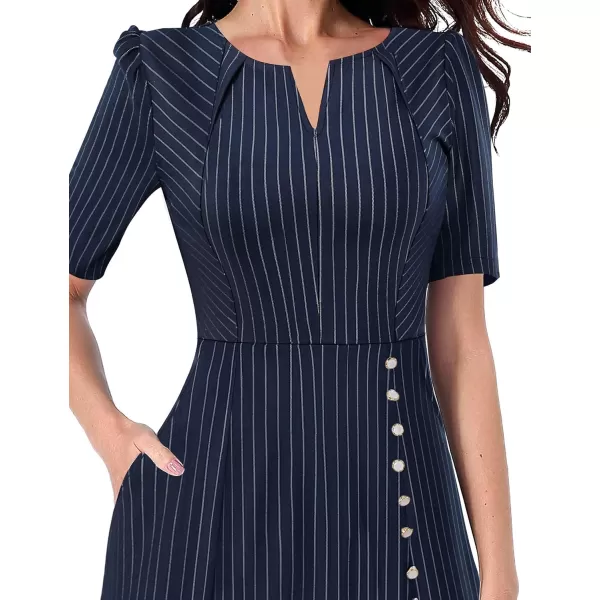 VFSHOW Women Pleated Notch V Neck Pockets Buttons Work Office Business ALine Midi DressBlue Striped Short Sleeve