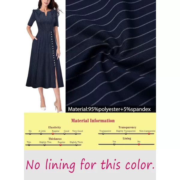 VFSHOW Women Pleated Notch V Neck Pockets Buttons Work Office Business ALine Midi DressBlue Striped Short Sleeve