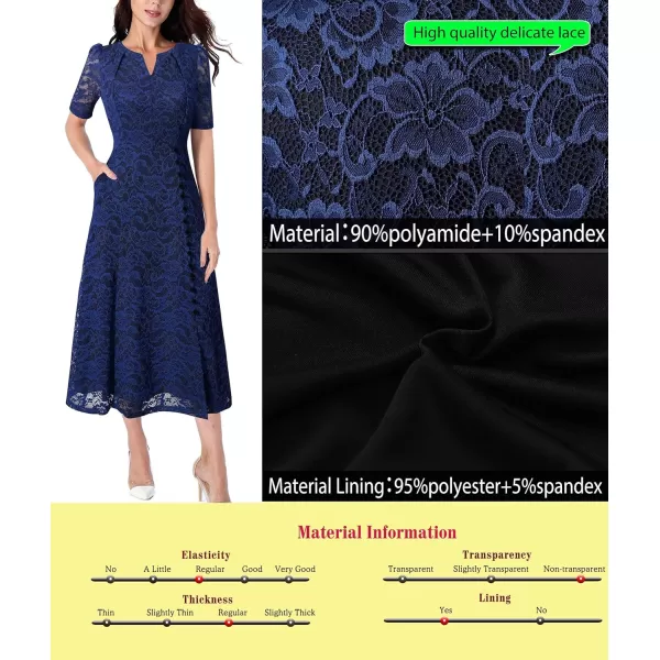 VFSHOW Women Pleated Notch V Neck Pockets Buttons Work Office Business ALine Midi DressDark Blue Floral Lace