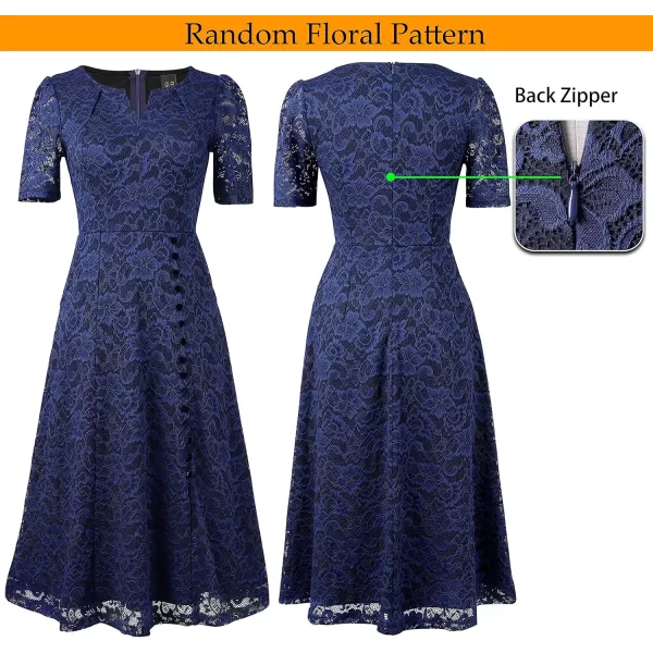 VFSHOW Women Pleated Notch V Neck Pockets Buttons Work Office Business ALine Midi DressDark Blue Floral Lace