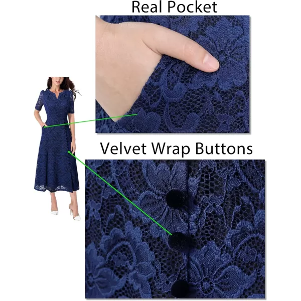 VFSHOW Women Pleated Notch V Neck Pockets Buttons Work Office Business ALine Midi DressDark Blue Floral Lace